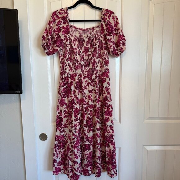 Dresses & Skirts - Bright floral puff sleeves ruched bodice prairie dress women's L